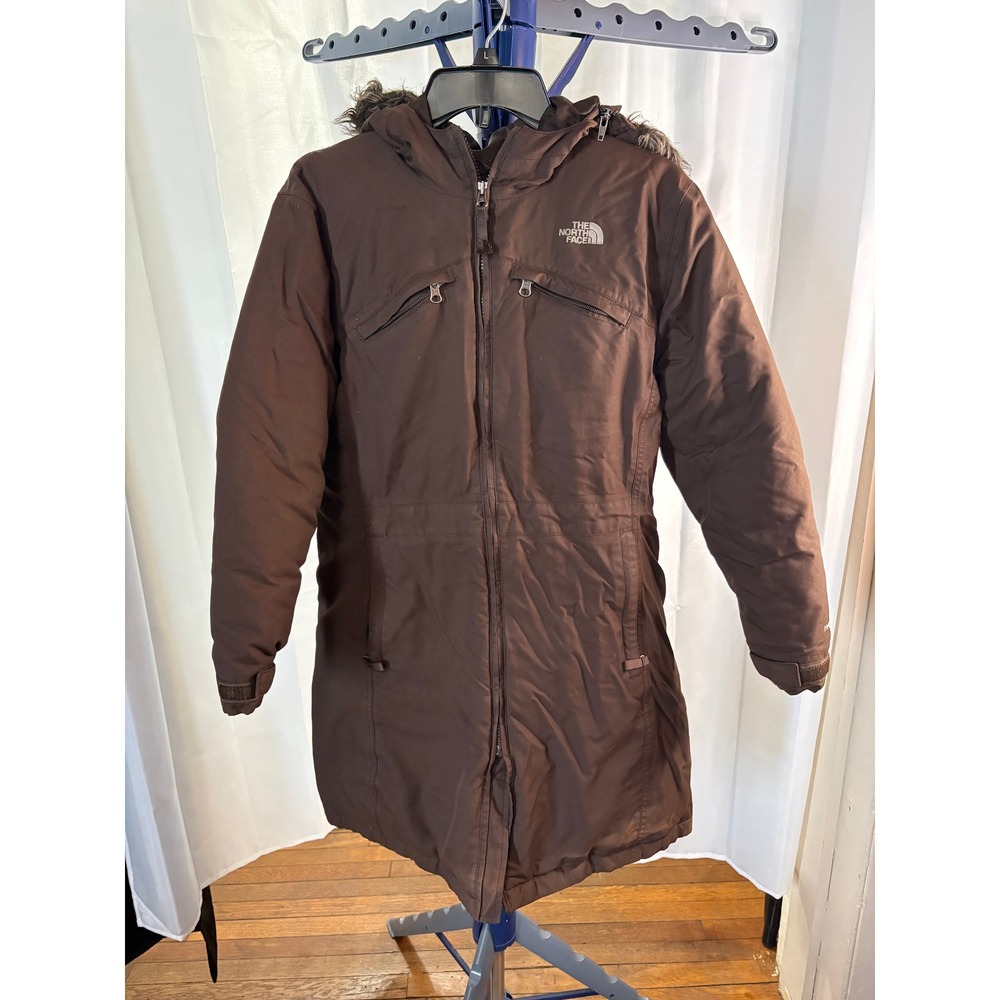 The North Face Girls Brown HyVent Insulated Parka Jacket Hooded Fur Trim XL TG